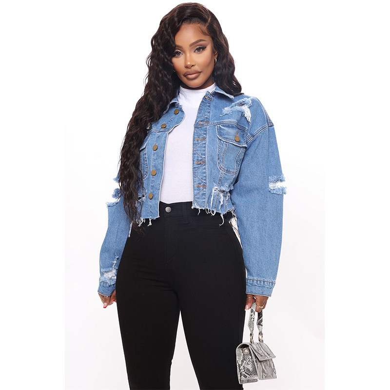 Women'S Fashion Denim Jacket - Chaqueta corta de mezclilla rasgada lavada.