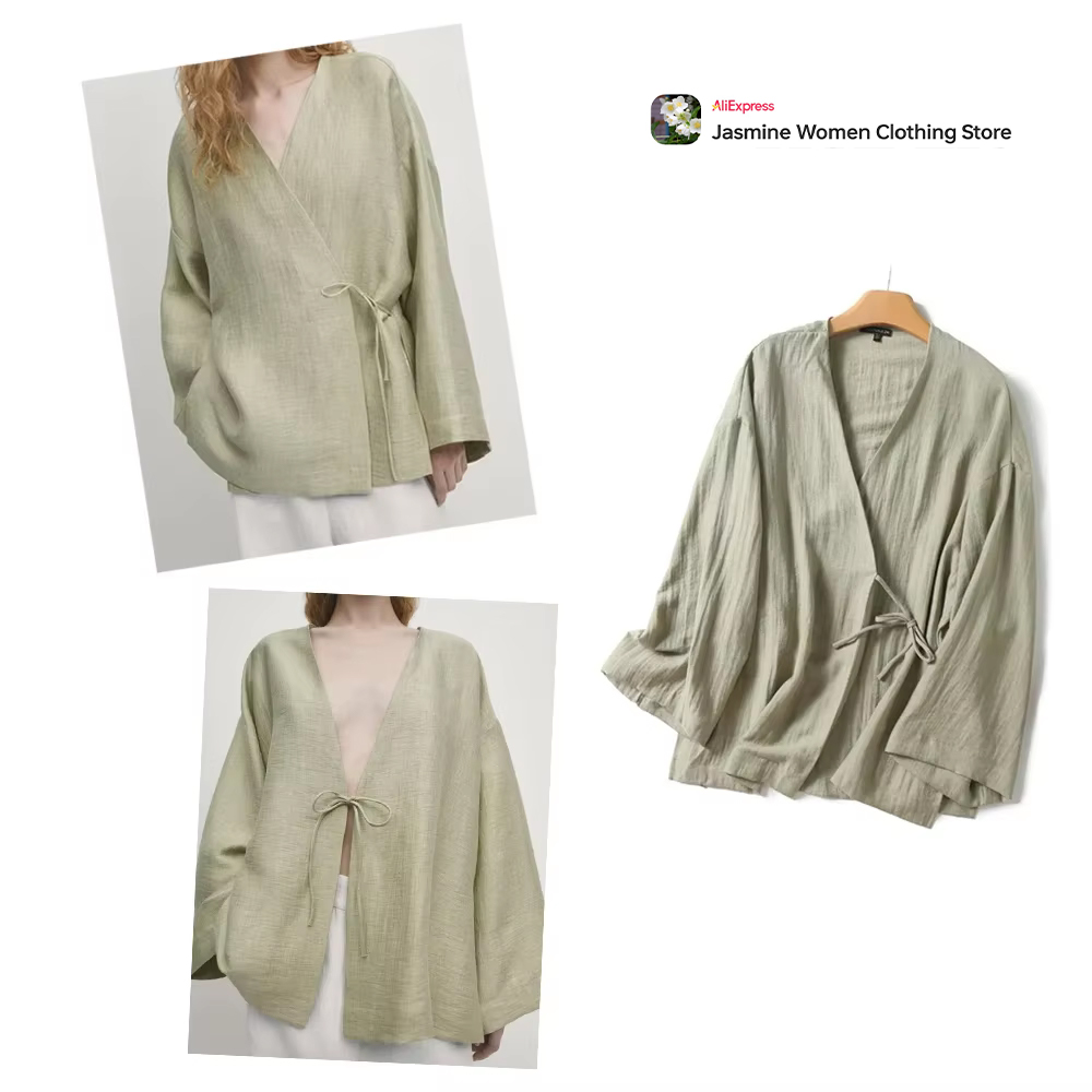 Women'S Fashion Kimono - Cómoda blusa verde oliva con lazos,