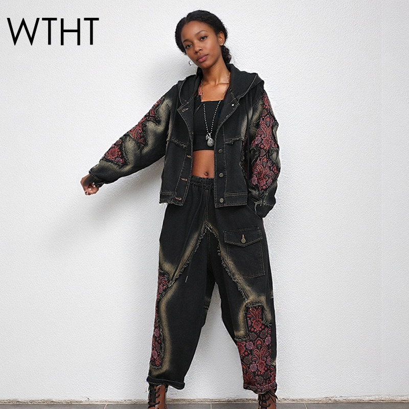 Women'S Fashion Denim Jacket - WTHT moda mujer lavado Patchwork manga