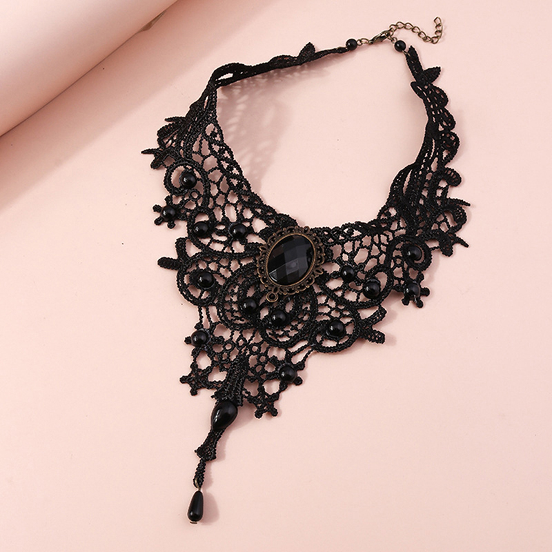 Women'S Fashion Victorian - Collar de encaje negro con cuentas